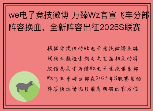 we电子竞技微博 万臻Wz官宣飞车分部阵容换血，全新阵容出征2025S联赛